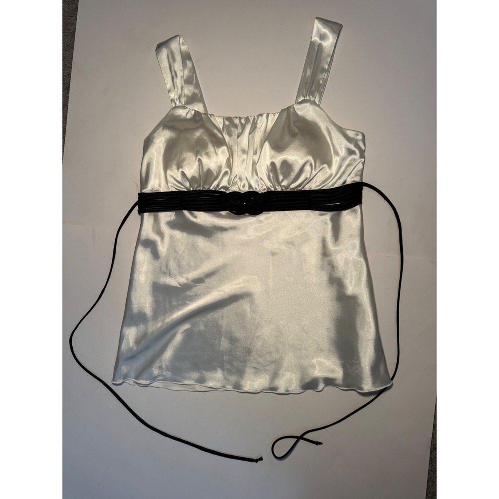 Satin M Tank Top Black Waist Tie Ruched Bust Sleeveless Blouse Dressy - Picture 2 of 9